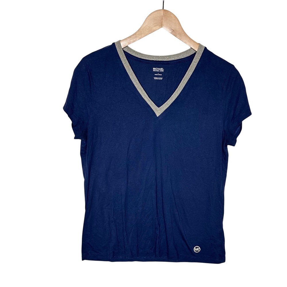Michael Kors V-neck Short Sleeve Shirt size Large Dark Blue/Gold Accent